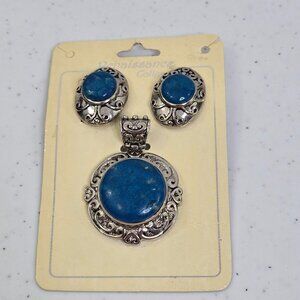 Renaissance Collection Clip On Earrings Pendant‎ Set Blue Silver Tone Southwest